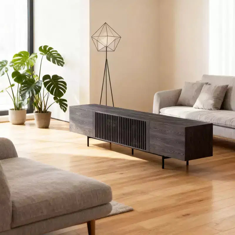 Luck Live 94.48 Black Modern TV Stand with Adjustable Shelves, Soft-Close Hinges & Cable Holes, Metal Legs for Home Living