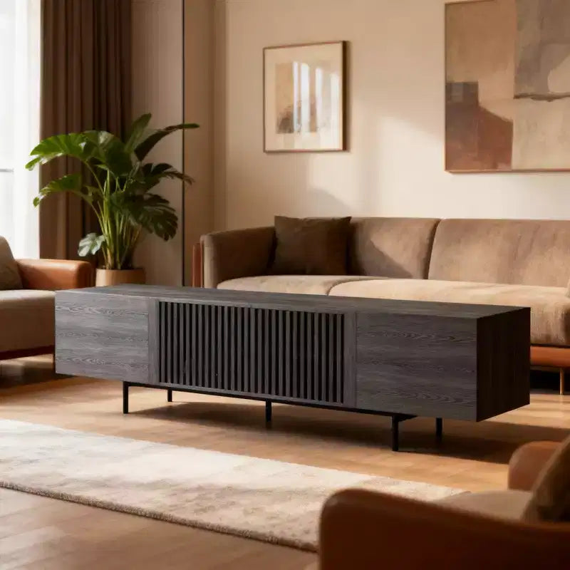 Luck Live 94.48 Black Modern TV Stand with Adjustable Shelves, Soft-Close Hinges & Cable Holes, Metal Legs for Home Living