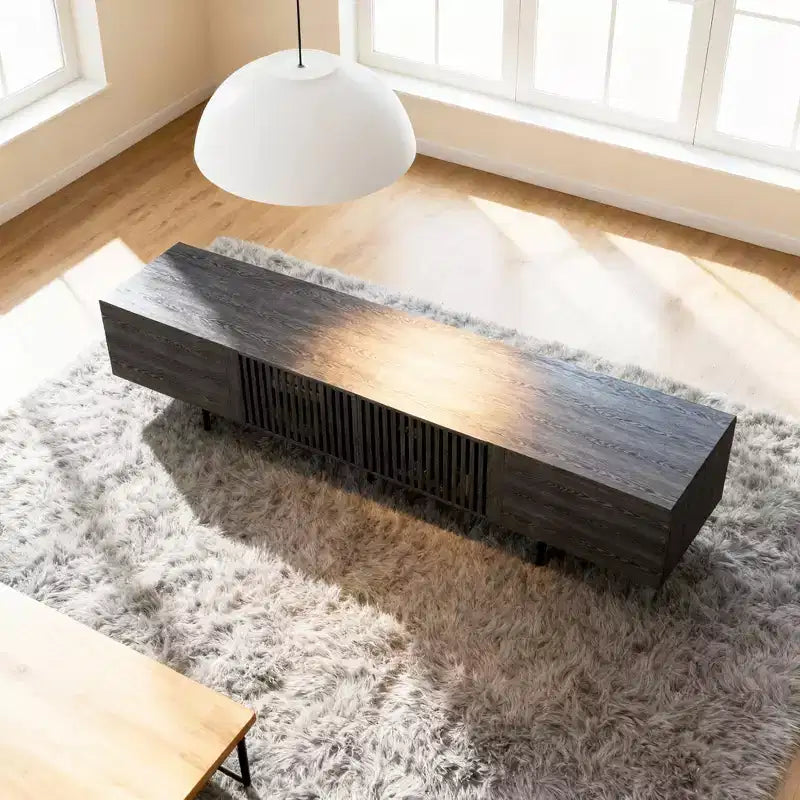 Luck Live 94.48 Black Modern TV Stand with Adjustable Shelves, Soft-Close Hinges & Cable Holes, Metal Legs for Home Living