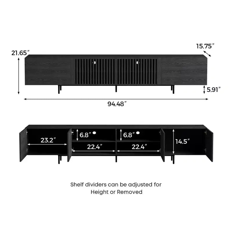 Luck Live 94.48 Black Modern TV Stand with Adjustable Shelves, Soft-Close Hinges & Cable Holes, Metal Legs for Home Living