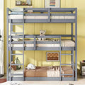 MAYEERTY Triple Rubber Wood Bunk Bed with Two Built in Ladders Guardrails Detachable Triple Twin Bunk Bed Gray