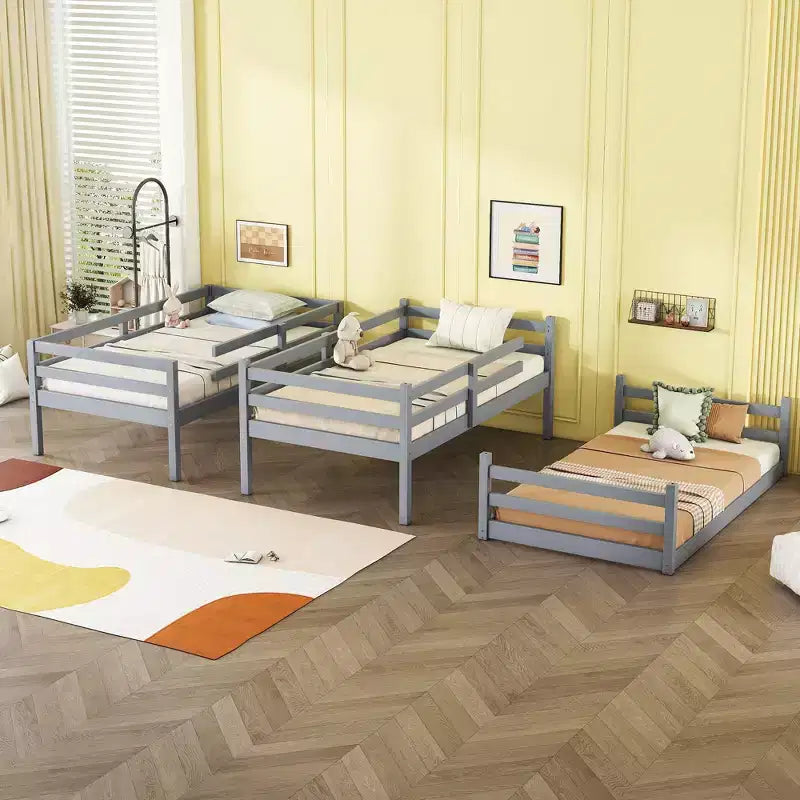 MAYEERTY Triple Rubber Wood Bunk Bed with Two Built in Ladders Guardrails Detachable Triple Twin Bunk Bed Gray