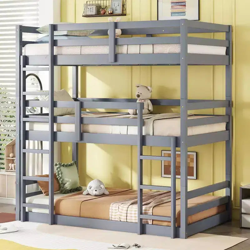 MAYEERTY Triple Rubber Wood Bunk Bed with Two Built in Ladders Guardrails Detachable Triple Twin Bunk Bed Gray