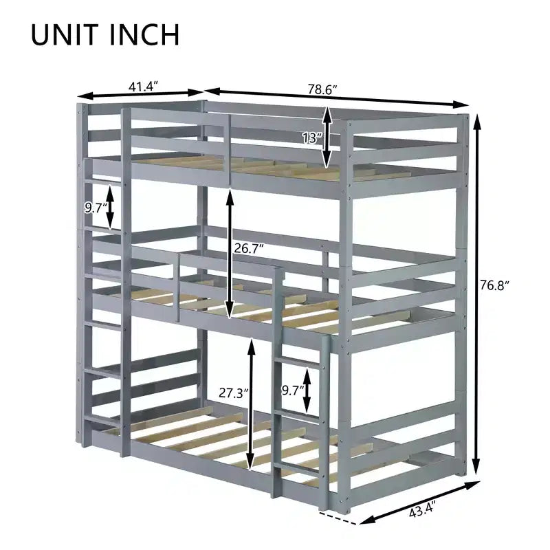 MAYEERTY Triple Rubber Wood Bunk Bed with Two Built in Ladders Guardrails Detachable Triple Twin Bunk Bed Gray