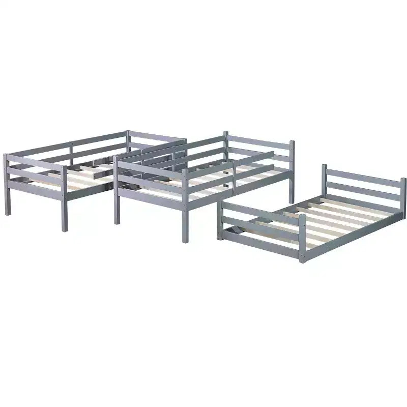 MAYEERTY Triple Rubber Wood Bunk Bed with Two Built in Ladders Guardrails Detachable Triple Twin Bunk Bed Gray