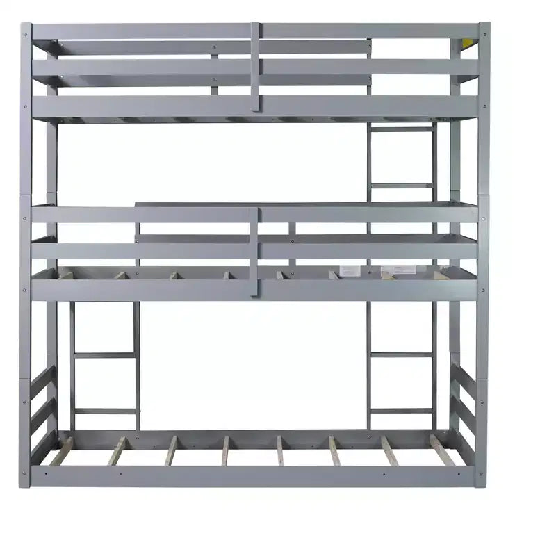 MAYEERTY Triple Rubber Wood Bunk Bed with Two Built in Ladders Guardrails Detachable Triple Twin Bunk Bed Gray