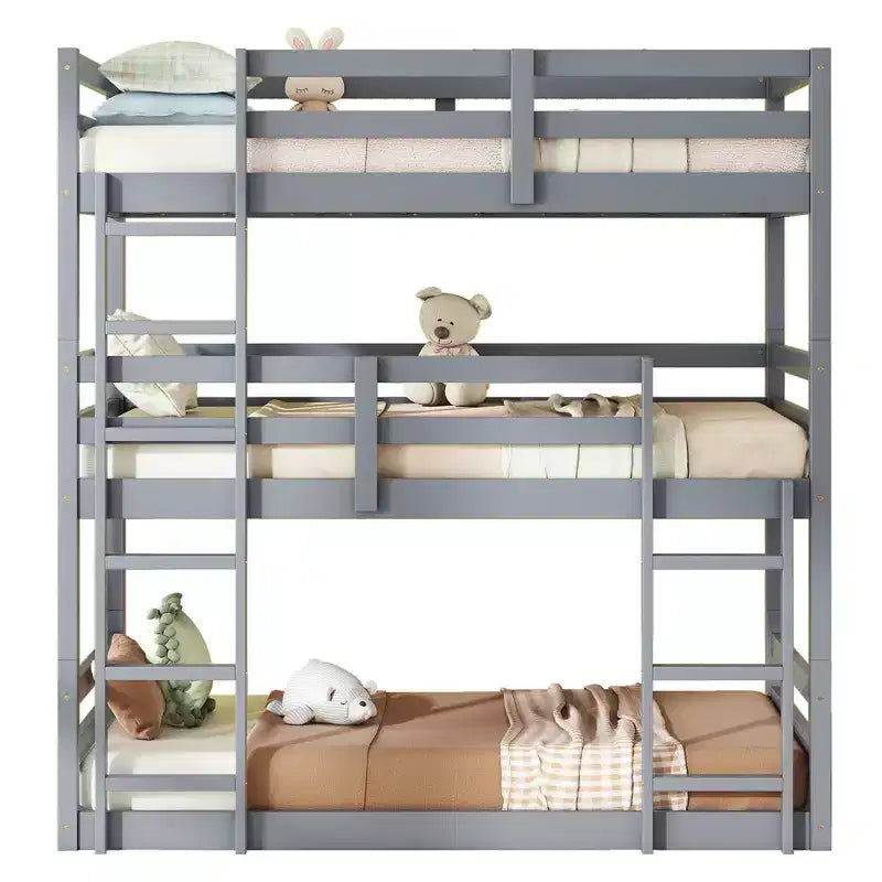 MAYEERTY Triple Rubber Wood Bunk Bed with Two Built in Ladders Guardrails Detachable Triple Twin Bunk Bed Gray