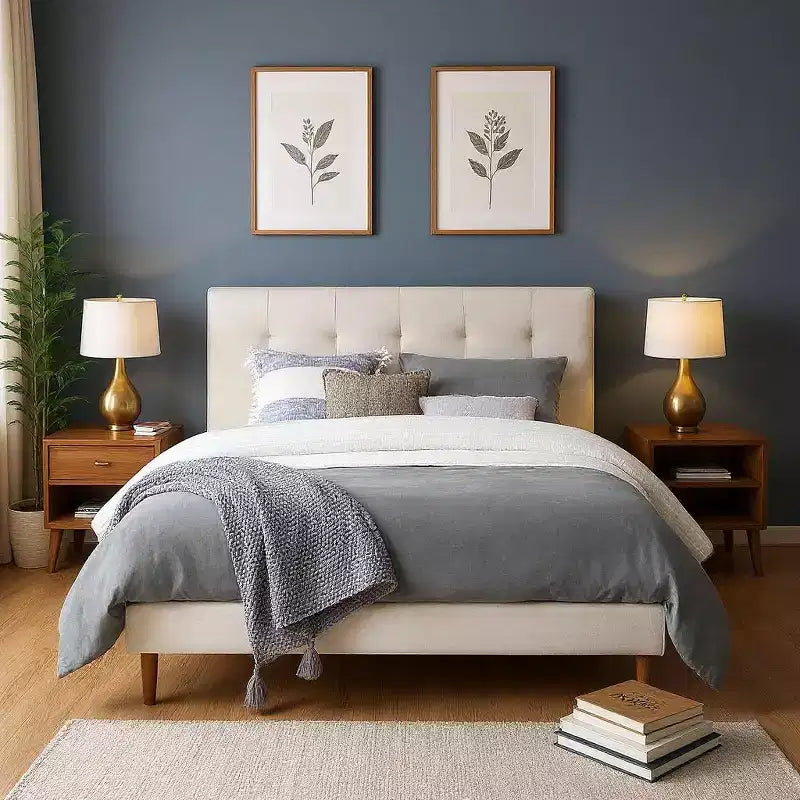 MAYEERTY Queen Size Platform Bed Frame - Upholstered Padded Headboard, 12 Wood Slats & Center Support Leg