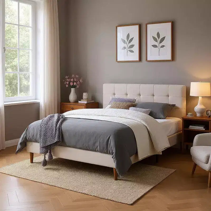 MAYEERTY Queen Size Platform Bed Frame - Upholstered Padded Headboard, 12 Wood Slats & Center Support Leg