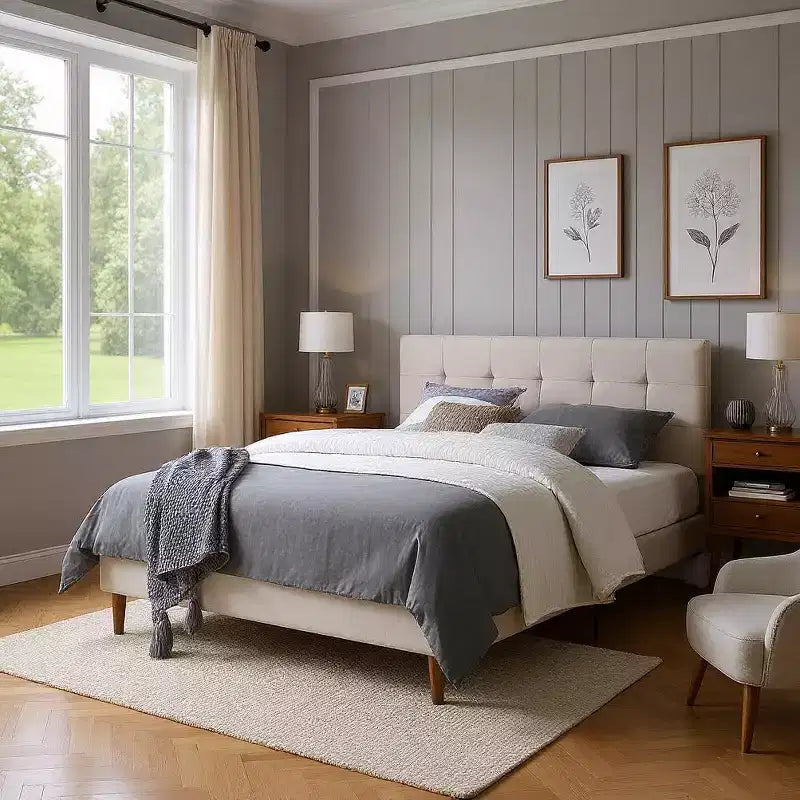 MAYEERTY Queen Size Platform Bed Frame - Upholstered Padded Headboard, 12 Wood Slats & Center Support Leg