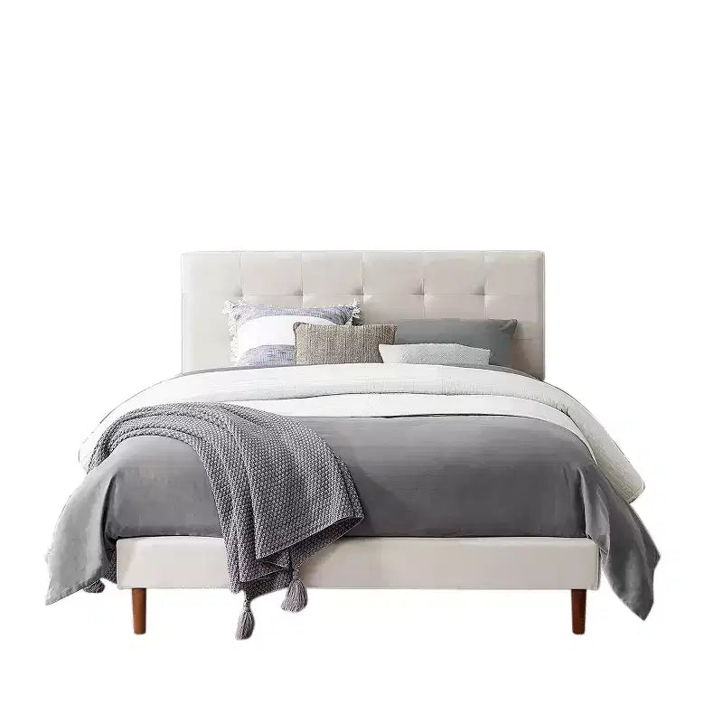 MAYEERTY Queen Size Platform Bed Frame - Upholstered Padded Headboard, 12 Wood Slats & Center Support Leg