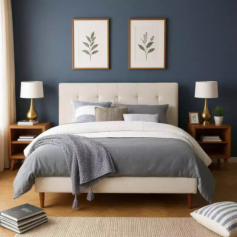 MAYEERTY Queen Size Platform Bed Frame - Upholstered Padded Headboard, 12 Wood Slats & Center Support Leg