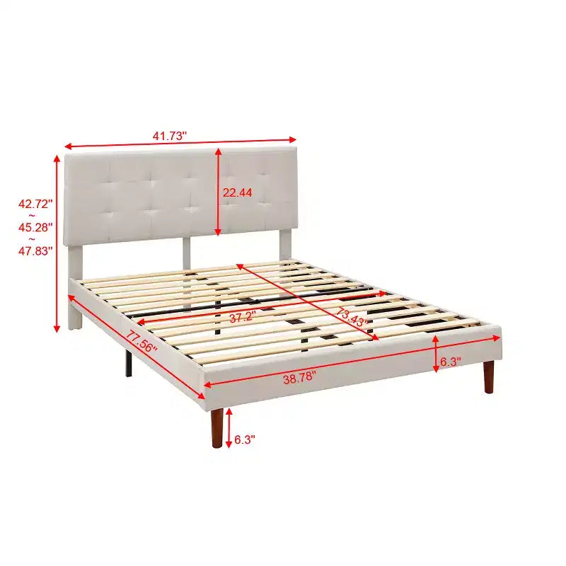MAYEERTY Queen Size Platform Bed Frame - Upholstered Padded Headboard, 12 Wood Slats & Center Support Leg