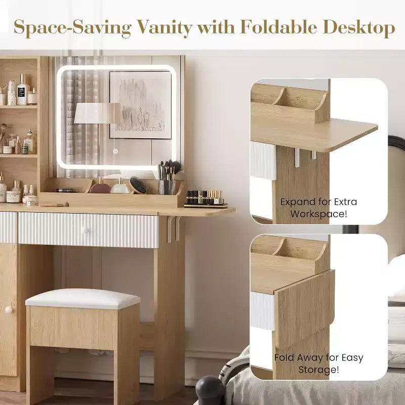Vanity with mirror and light, featuring drawers and a padded stool, equipped with power outlets, suitable for bedrooms and living rooms.
