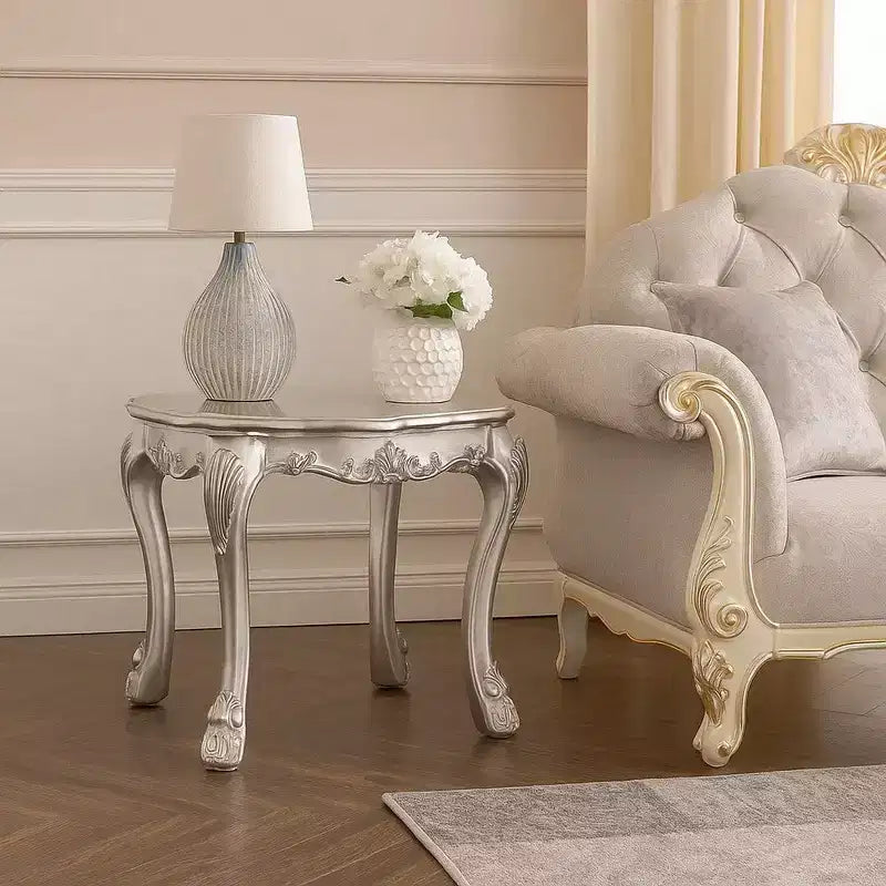 Royal Hampton End Table With Contrast Carved Motif Turned Legs, Black
