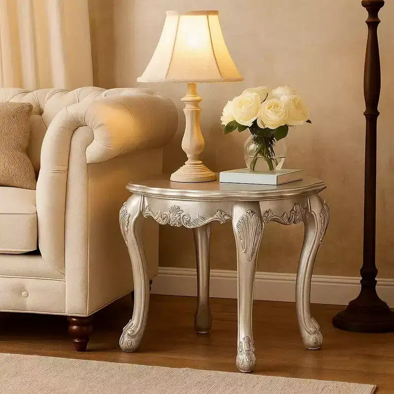 Royal Hampton End Table With Contrast Carved Motif Turned Legs, Black