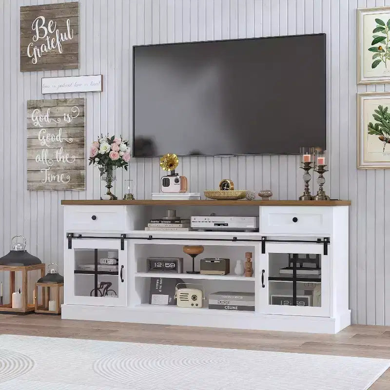 CuisinSmart Farmhouse TV Stand with Adjustable Shelf, Media Console Table with 2 Drawers Power Outlets, for Home & Office, for 75'' TVs