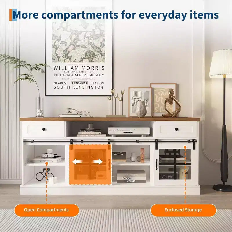 CuisinSmart Farmhouse TV Stand with Adjustable Shelf, Media Console Table with 2 Drawers Power Outlets, for Home & Office, for 75'' TVs