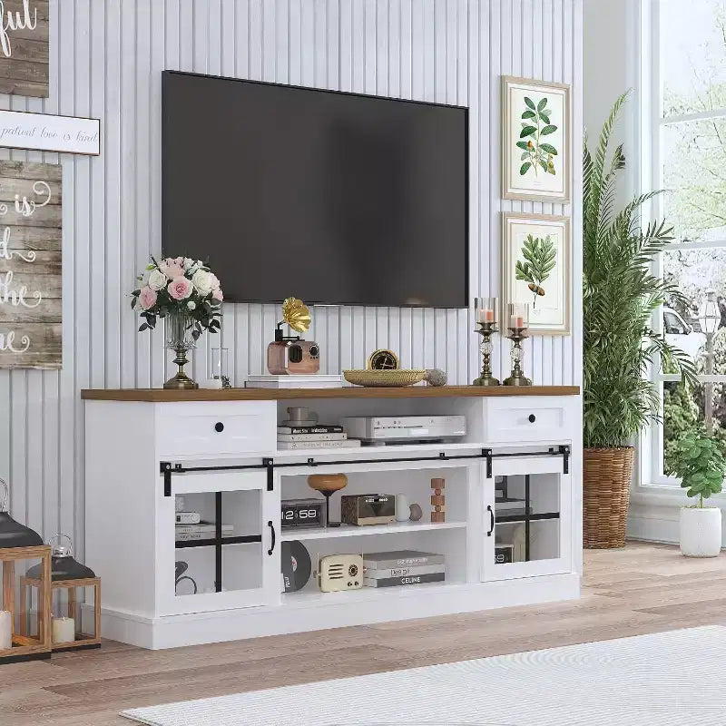 CuisinSmart Farmhouse TV Stand with Adjustable Shelf, Media Console Table with 2 Drawers Power Outlets, for Home & Office, for 75'' TVs