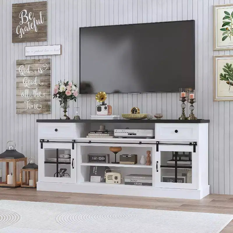 CuisinSmart Farmhouse TV Stand with Adjustable Shelf, Media Console Table with 2 Drawers Power Outlets, for Home & Office, for 75'' TVs