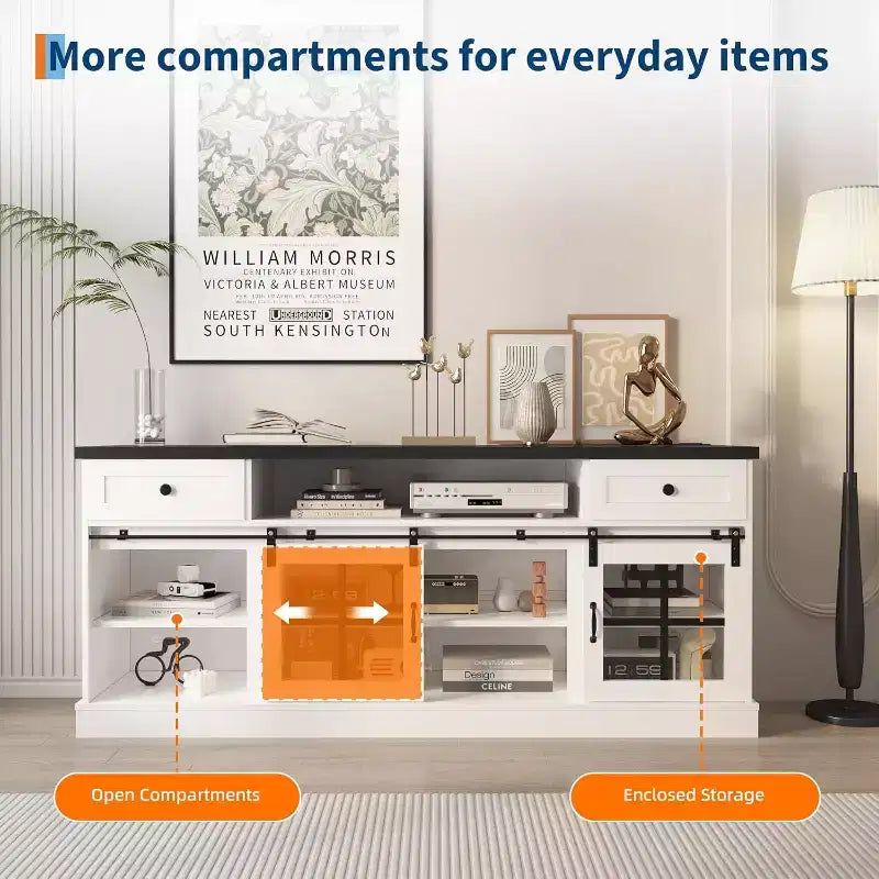 CuisinSmart Farmhouse TV Stand with Adjustable Shelf, Media Console Table with 2 Drawers Power Outlets, for Home & Office, for 75'' TVs