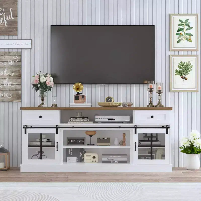 CuisinSmart Farmhouse TV Stand with Adjustable Shelf, Media Console Table with 2 Drawers Power Outlets, for Home & Office, for 75'' TVs