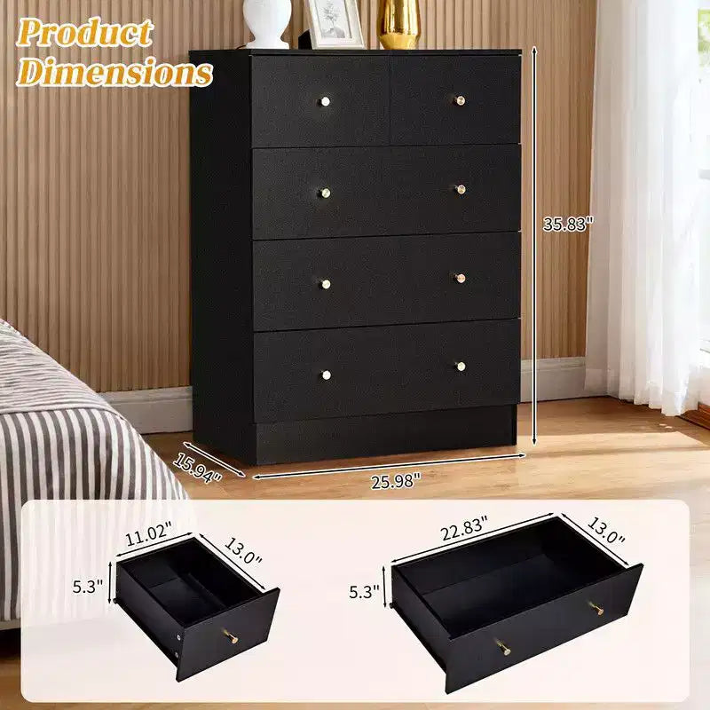 Karl Home 5-Drawer Dresser for Bedroom and Chest of Drawers with Sturdy Construction Wood Storage Organizer for Closet black