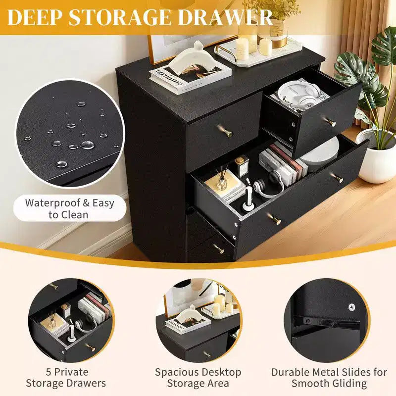 Karl Home 5-Drawer Dresser for Bedroom and Chest of Drawers with Sturdy Construction Wood Storage Organizer for Closet black