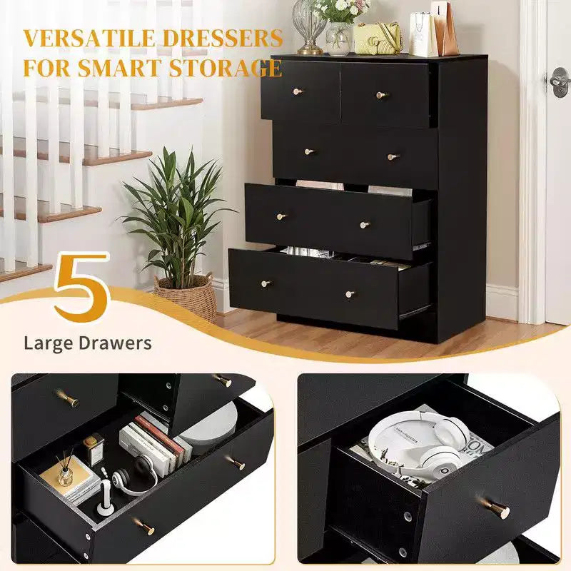 Karl Home 5-Drawer Dresser for Bedroom and Chest of Drawers with Sturdy Construction Wood Storage Organizer for Closet black