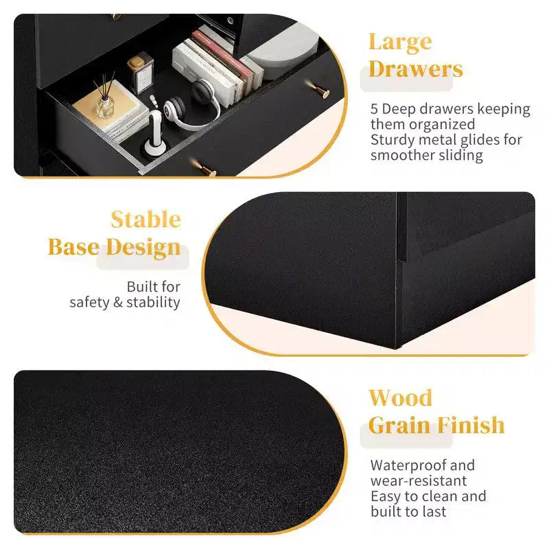 Karl Home 5-Drawer Dresser for Bedroom and Chest of Drawers with Sturdy Construction Wood Storage Organizer for Closet black