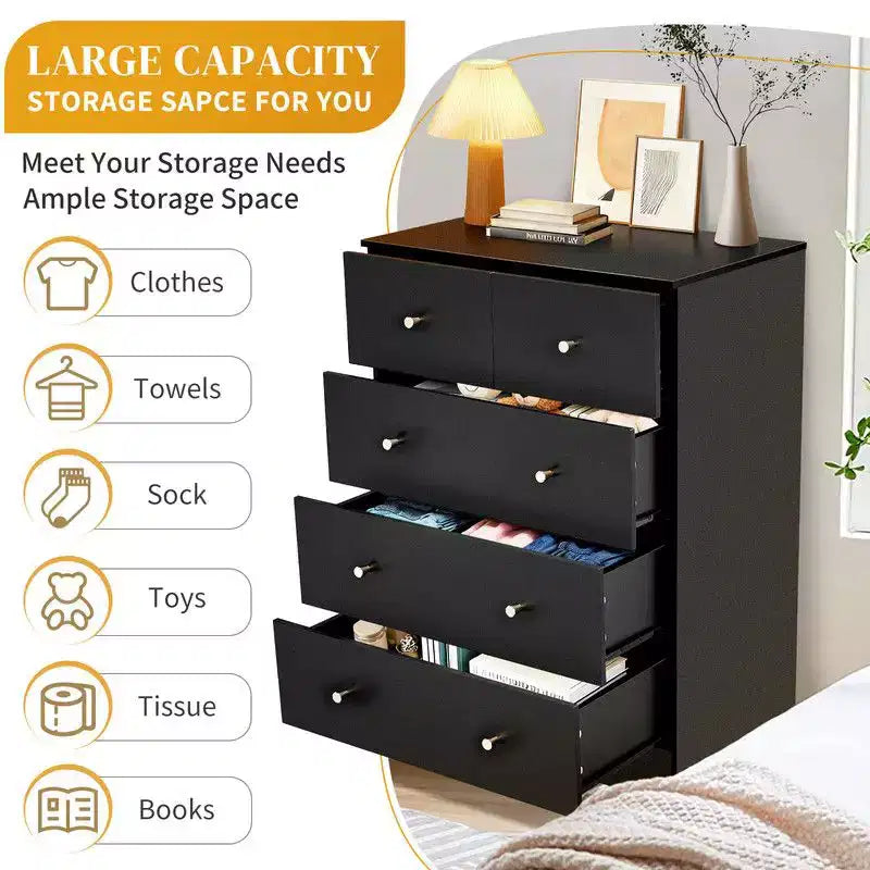 Karl Home 5-Drawer Dresser for Bedroom and Chest of Drawers with Sturdy Construction Wood Storage Organizer for Closet black