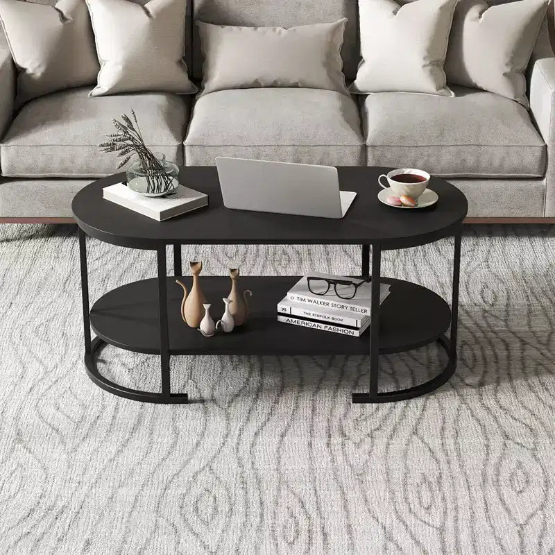 Costway Oval Coffee Table with Metal Support Legs for Apartment Office Reception Black