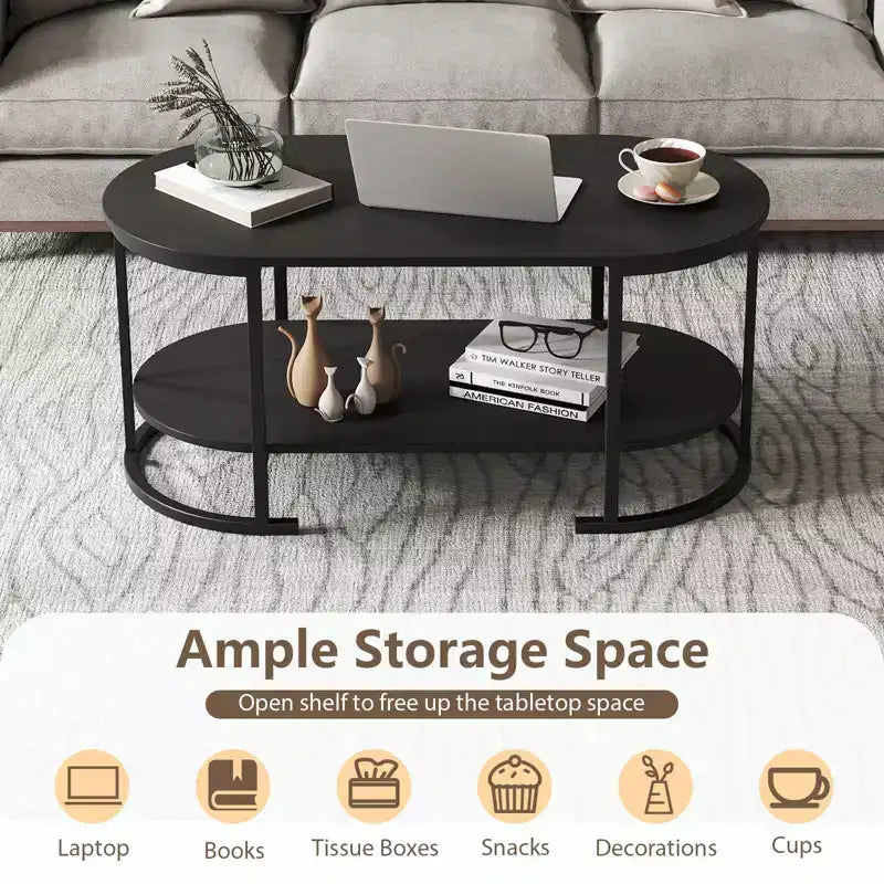 Costway Oval Coffee Table with Metal Support Legs for Apartment Office Reception Black