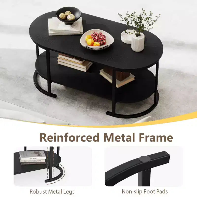 Costway Oval Coffee Table with Metal Support Legs for Apartment Office Reception Black