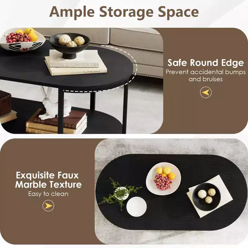 Costway Oval Coffee Table with Metal Support Legs for Apartment Office Reception Black