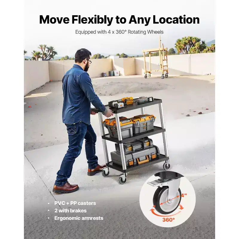 VEVOR Utility Cart, 300 lbs Load Capacity, 27.6 x 18.1-inch Service Cart, Three-Shelf Heavy Duty Plastic Utility Cart with 360 Swivel Wheels, Black