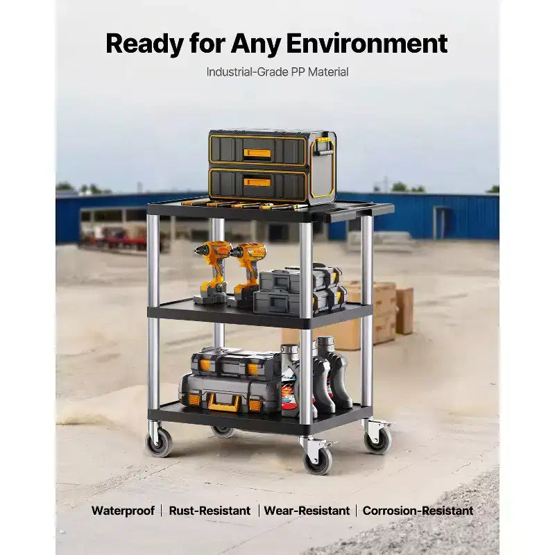 VEVOR Utility Cart, 300 lbs Load Capacity, 27.6 x 18.1-inch Service Cart, Three-Shelf Heavy Duty Plastic Utility Cart with 360 Swivel Wheels, Black