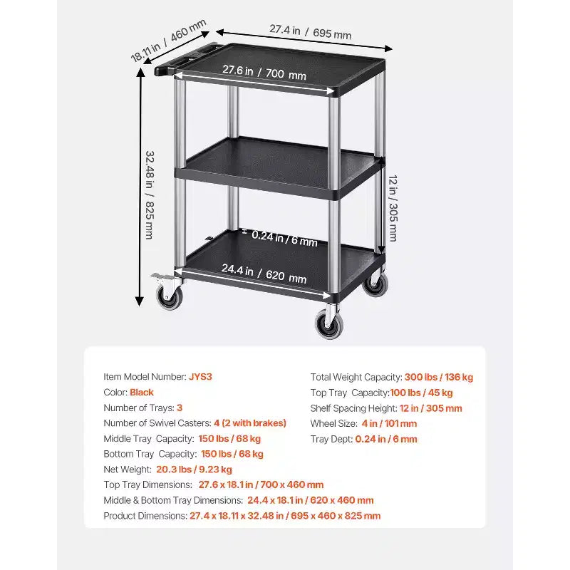 VEVOR Utility Cart, 300 lbs Load Capacity, 27.6 x 18.1-inch Service Cart, Three-Shelf Heavy Duty Plastic Utility Cart with 360 Swivel Wheels, Black