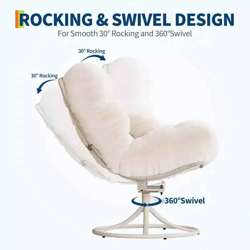 Oversized 360 Swivel Papasan Chair with Metal Rocking Base, Plush Rattan Lounge Chair, 6.3 DeepSeat Thick Cushion, Indoor/Outdoor, Beige