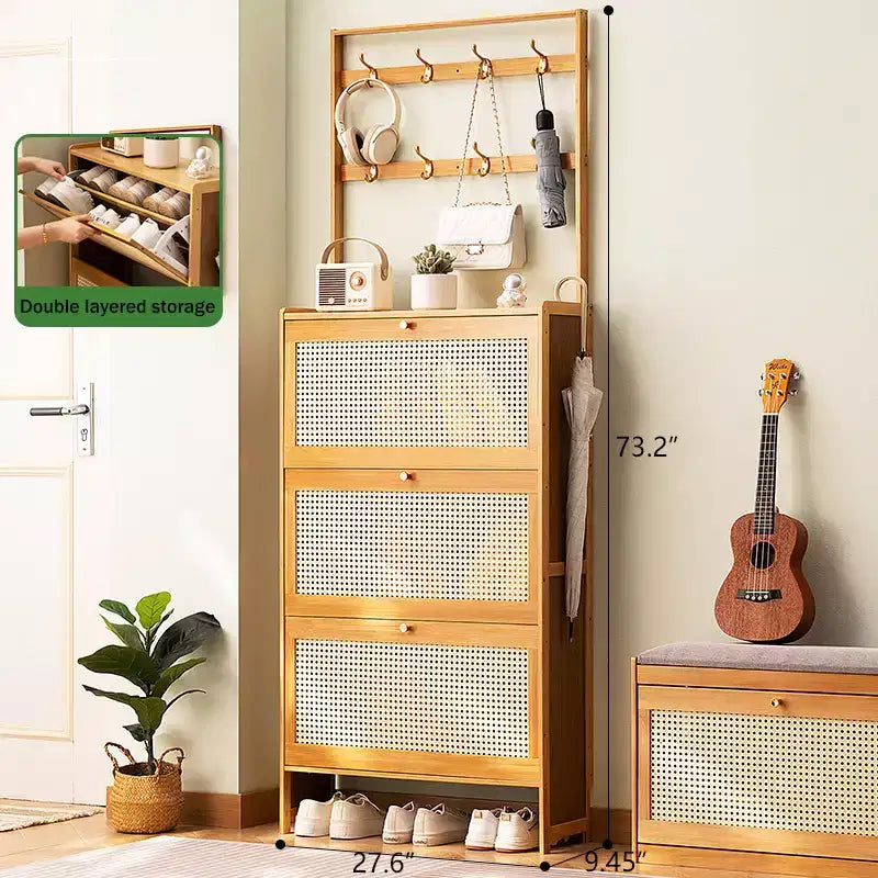 GDFStudio Xyla Boho Bamboo Shoe Cabinet with 3 Rattan Flip Drawers and 8 Hooks