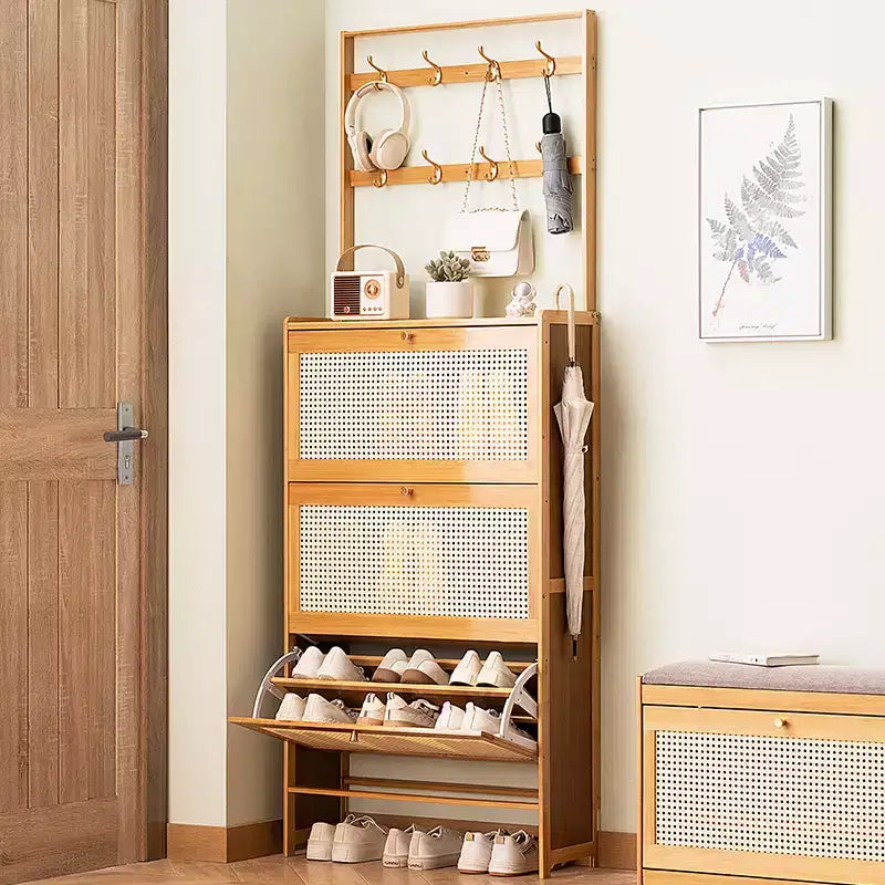 GDFStudio Xyla Boho Bamboo Shoe Cabinet with 3 Rattan Flip Drawers and 8 Hooks