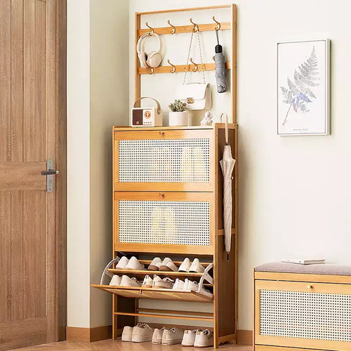 GDFStudio Xyla Boho Bamboo Shoe Cabinet with 3 Rattan Flip Drawers and 8 Hooks