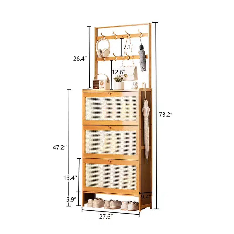 GDFStudio Xyla Boho Bamboo Shoe Cabinet with 3 Rattan Flip Drawers and 8 Hooks