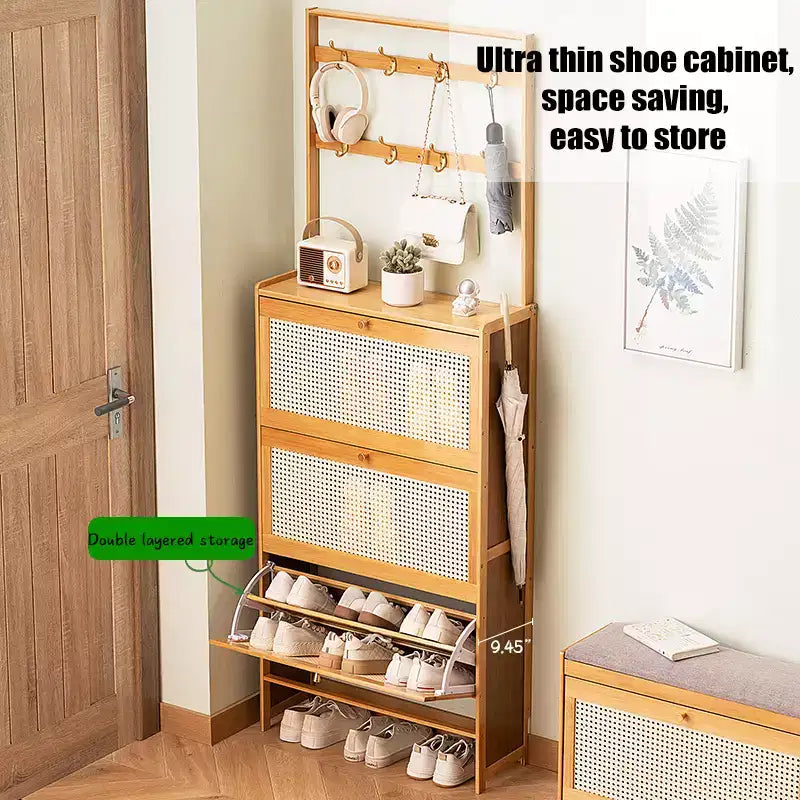 GDFStudio Xyla Boho Bamboo Shoe Cabinet with 3 Rattan Flip Drawers and 8 Hooks