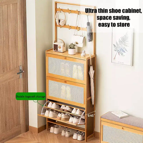 GDFStudio Xyla Boho Bamboo Shoe Cabinet with 3 Rattan Flip Drawers and 8 Hooks