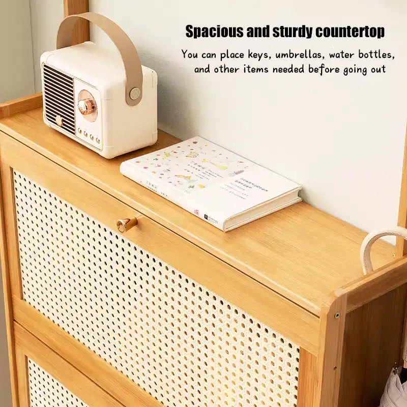 GDFStudio Xyla Boho Bamboo Shoe Cabinet with 3 Rattan Flip Drawers and 8 Hooks