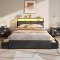 Queen Size Bed Frame with 6 Storage Drawers Charging Station LED Lights Upholstered Storage Headboard Metal Platform No Box Spring Needed