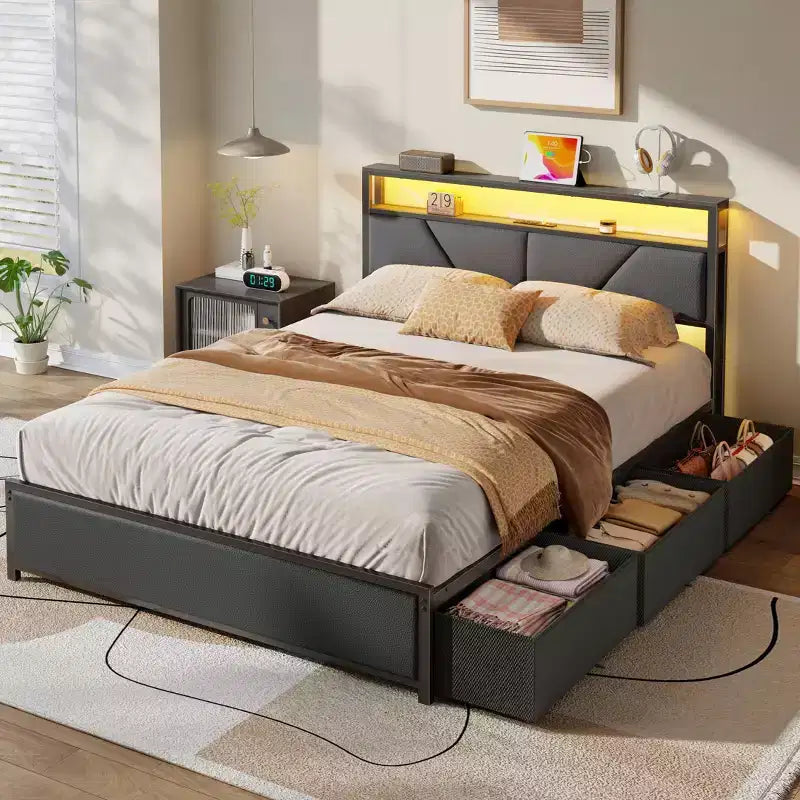 Queen Size Bed Frame with 6 Storage Drawers Charging Station LED Lights Upholstered Storage Headboard Metal Platform No Box Spring Needed