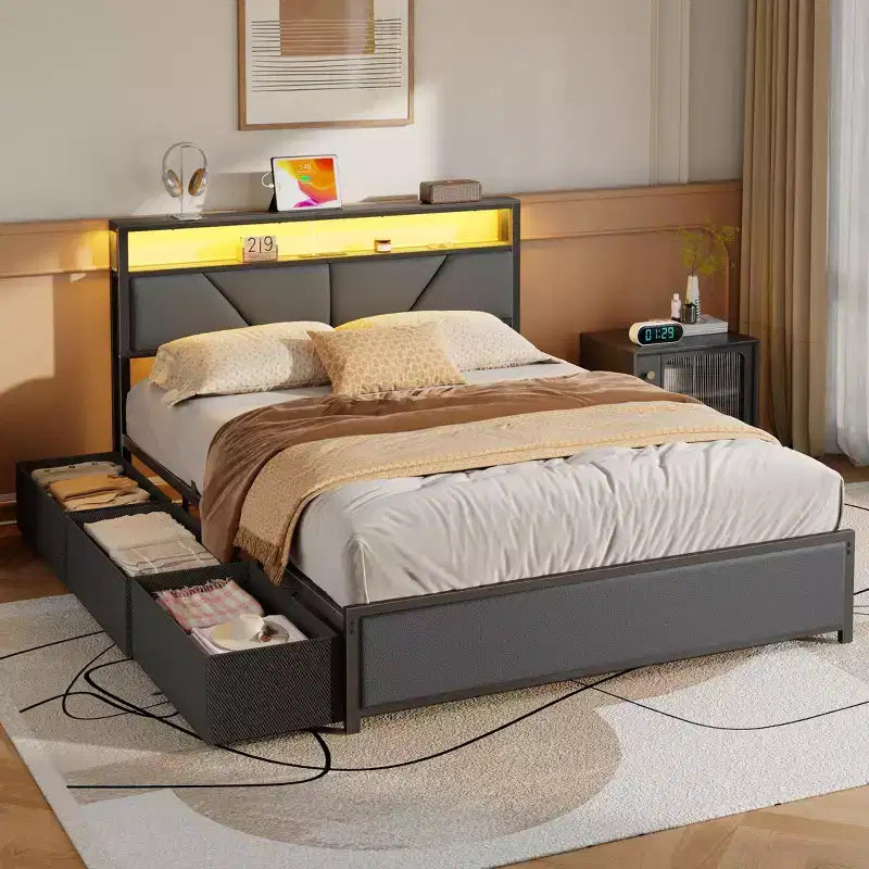 Queen Size Bed Frame with 6 Storage Drawers Charging Station LED Lights Upholstered Storage Headboard Metal Platform No Box Spring Needed