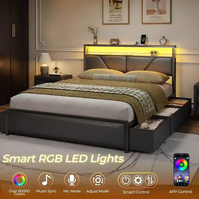 Queen Size Bed Frame with 6 Storage Drawers Charging Station LED Lights Upholstered Storage Headboard Metal Platform No Box Spring Needed